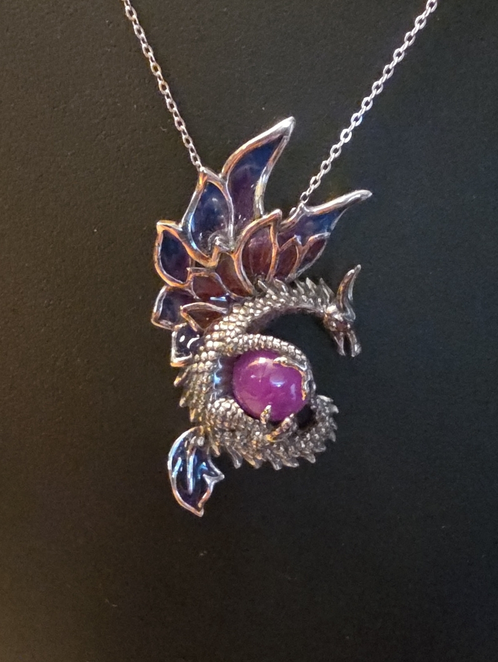 Prime Art Jewelry Vintage Joy  Purple Jade Dragon Silver Pendant With 18" Chain